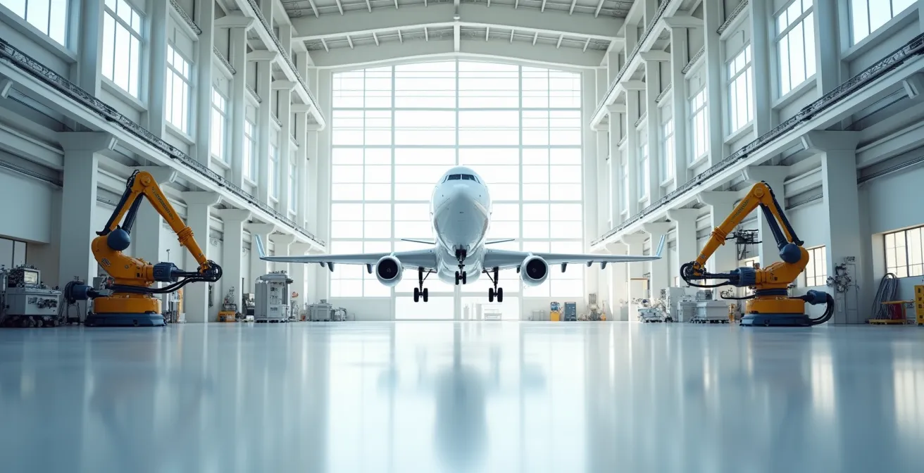 Vue large d'un atelier de production aéronautique moderne avec lignes épurées et espaces ouverts