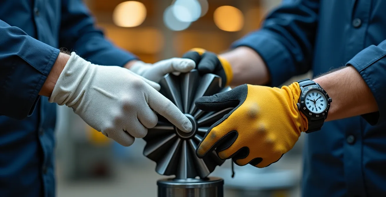 Gros plan sur les mains d'un ingénieur et d'un technicien examinant ensemble une pièce aéronautique