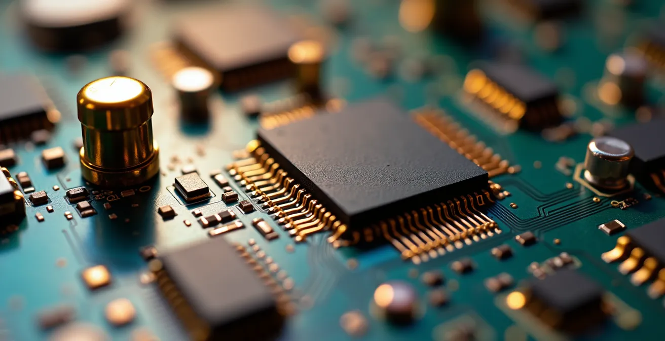 Vue macro d'un composant électronique aéronautique avec ses circuits et connexions dorées