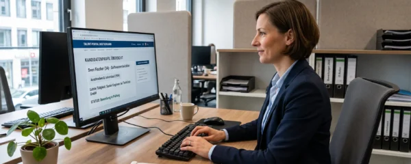 Consultant en recrutement examinant des profils de candidats sur son ordinateur dans un bureau d'agence moderne en Allemagne