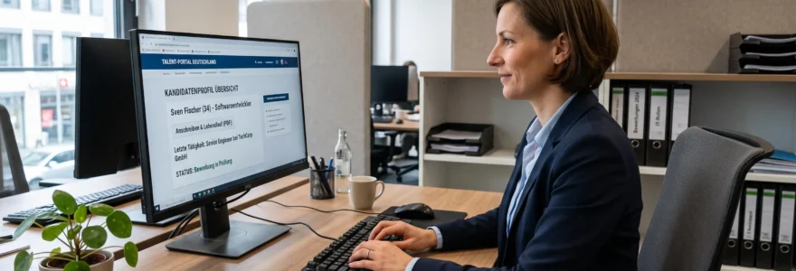 Consultant en recrutement examinant des profils de candidats sur son ordinateur dans un bureau d'agence moderne en Allemagne