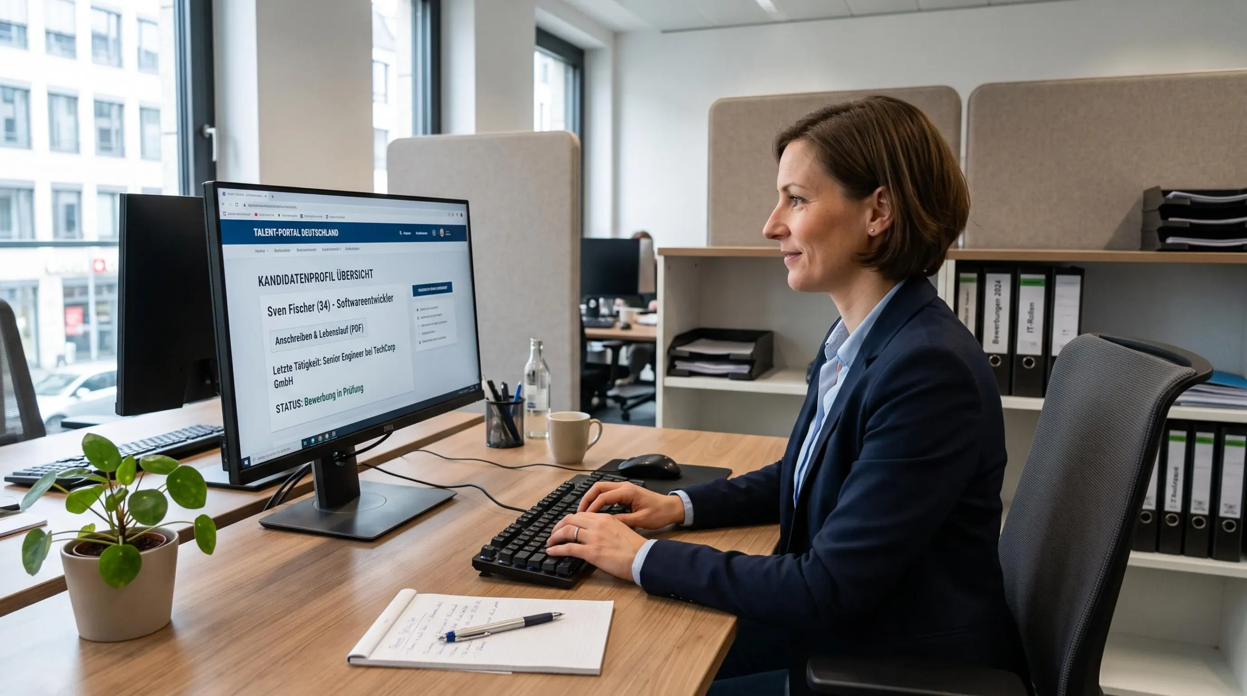 Consultant en recrutement examinant des profils de candidats sur son ordinateur dans un bureau d'agence moderne en Allemagne