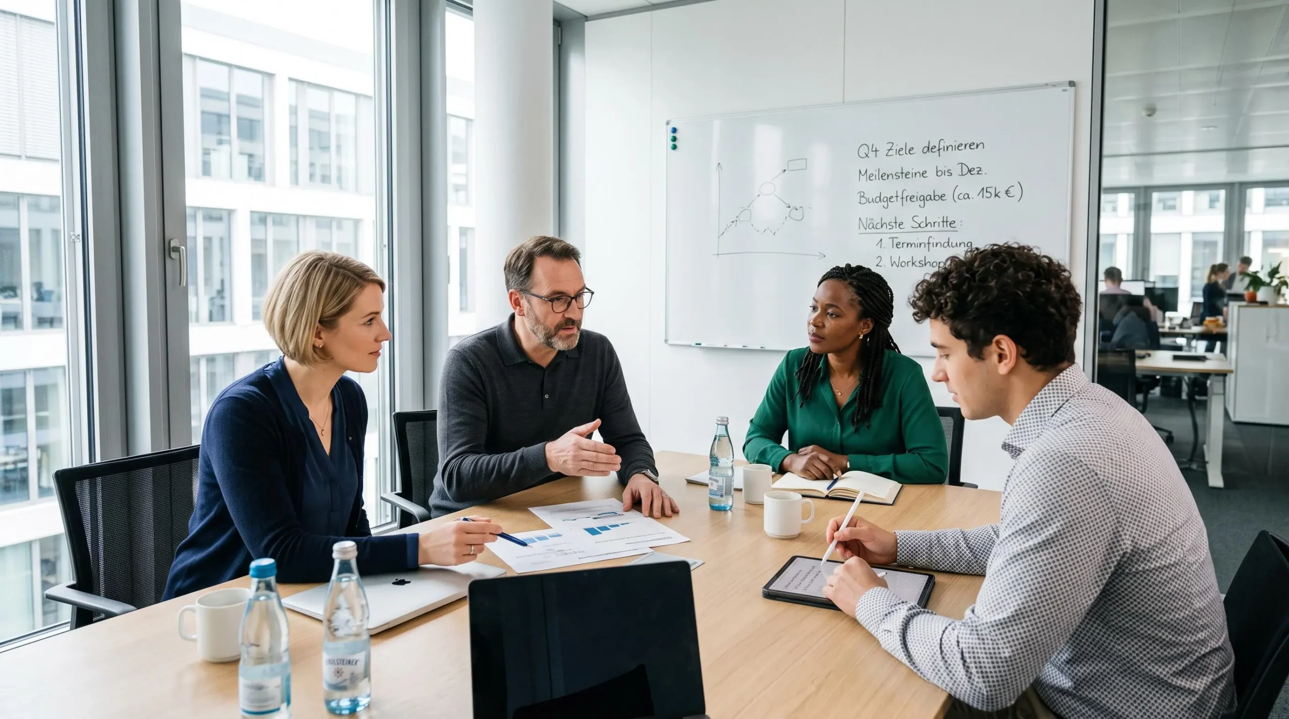 Équipe multiculturelle en réunion de travail collaborative dans un bureau d'entreprise moderne en Allemagne