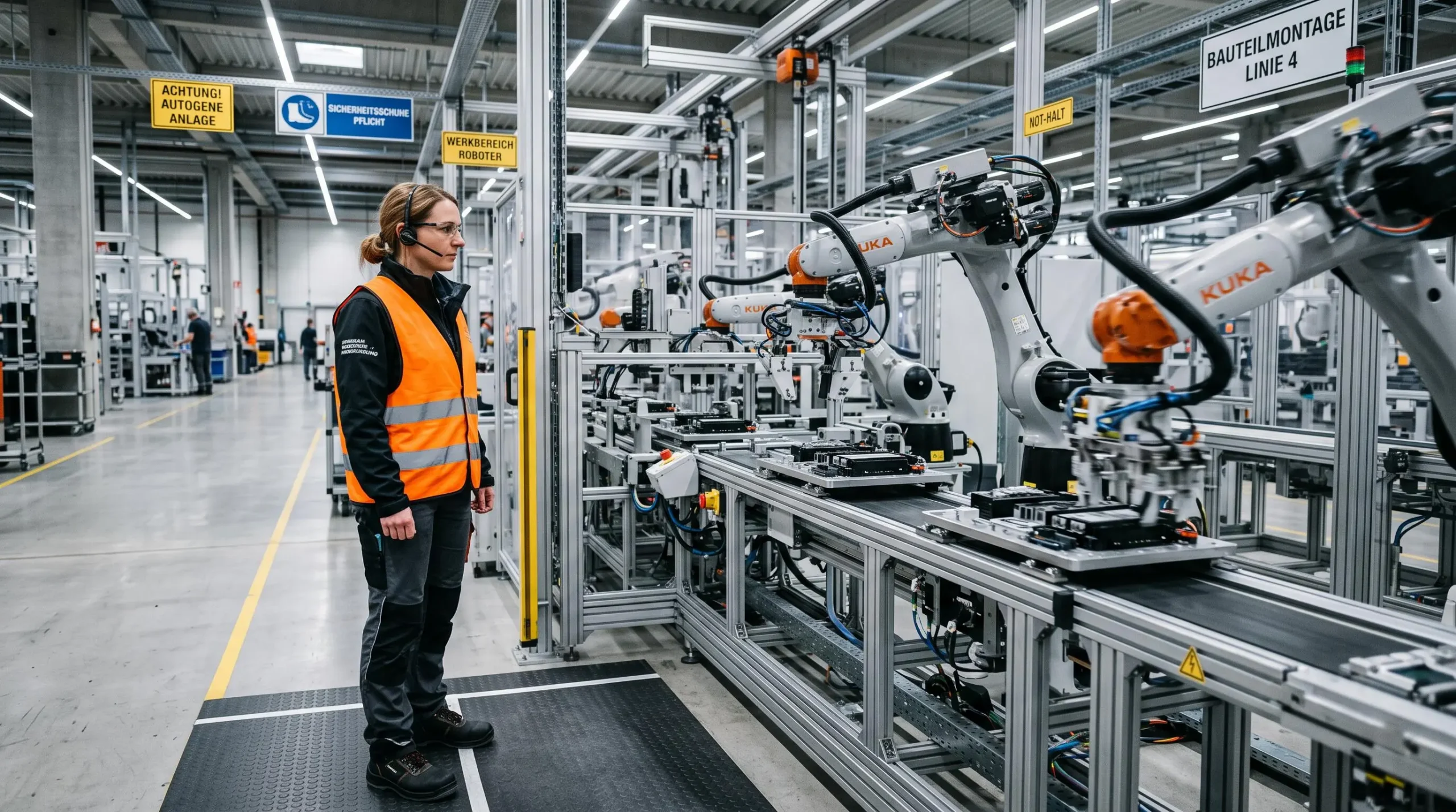 Ingénieur supervisant une ligne de production automatisée avec robots industriels dans une usine moderne en Allemagne