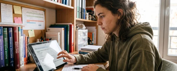 Étudiant en LSPS s'entraînant sur tablette numérique à son bureau avec matériel de cours médical