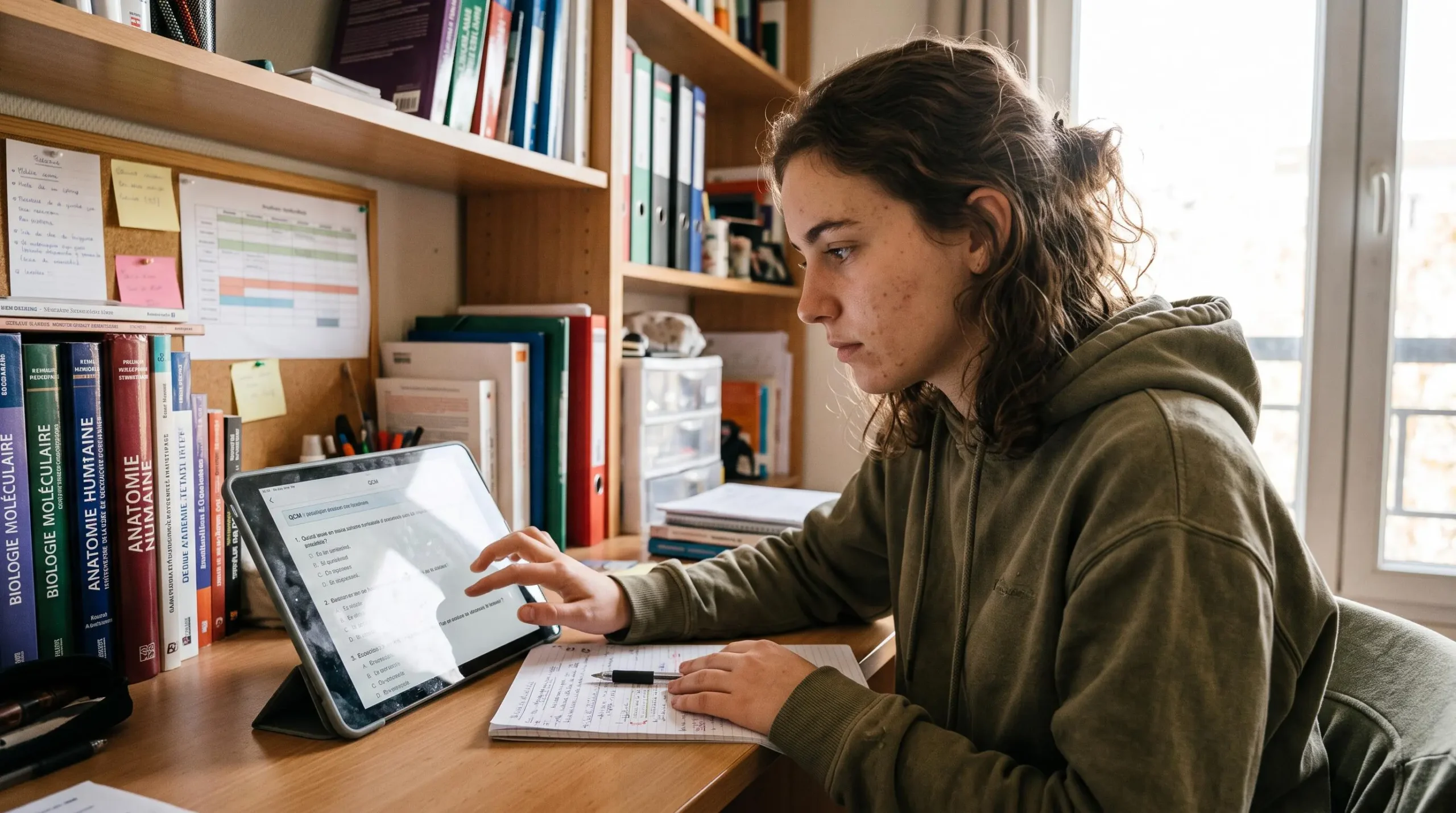 Étudiant en LSPS s'entraînant sur tablette numérique à son bureau avec matériel de cours médical