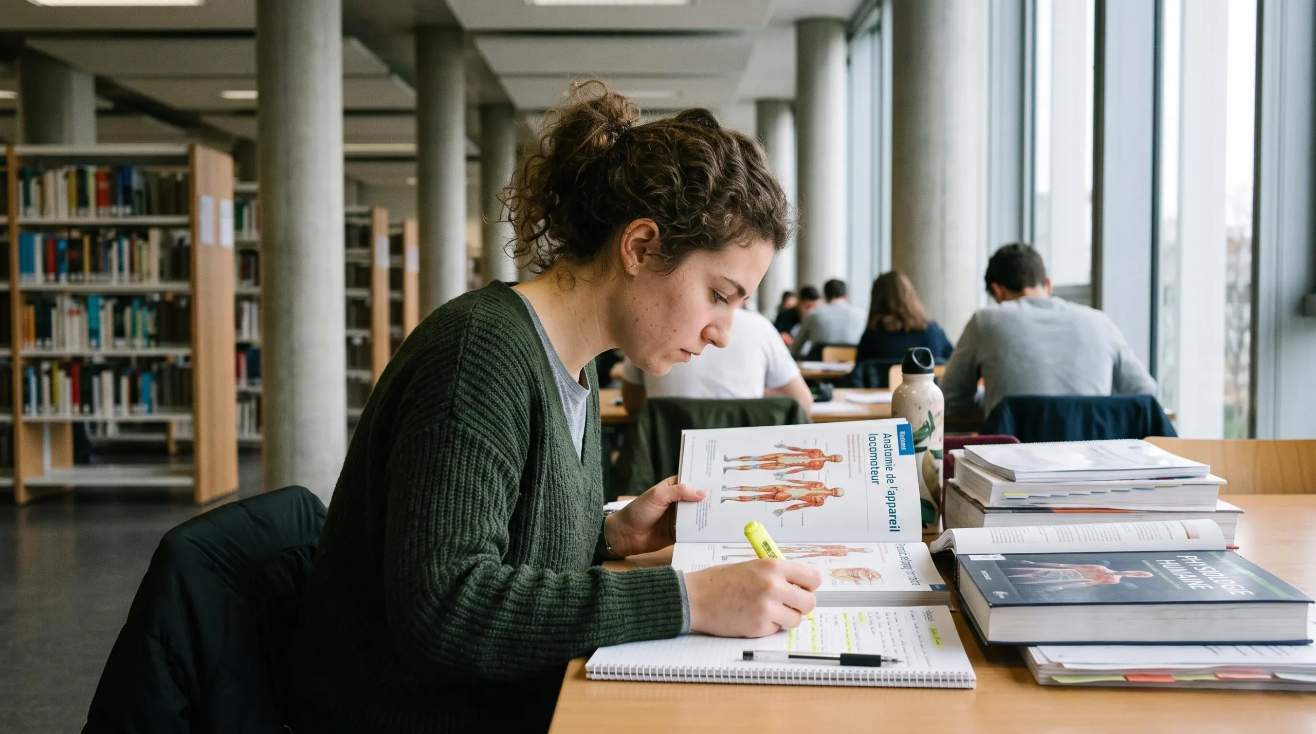 Étudiant travaillant sur des cours d'anatomie et de physiologie dans une bibliothèque universitaire française
