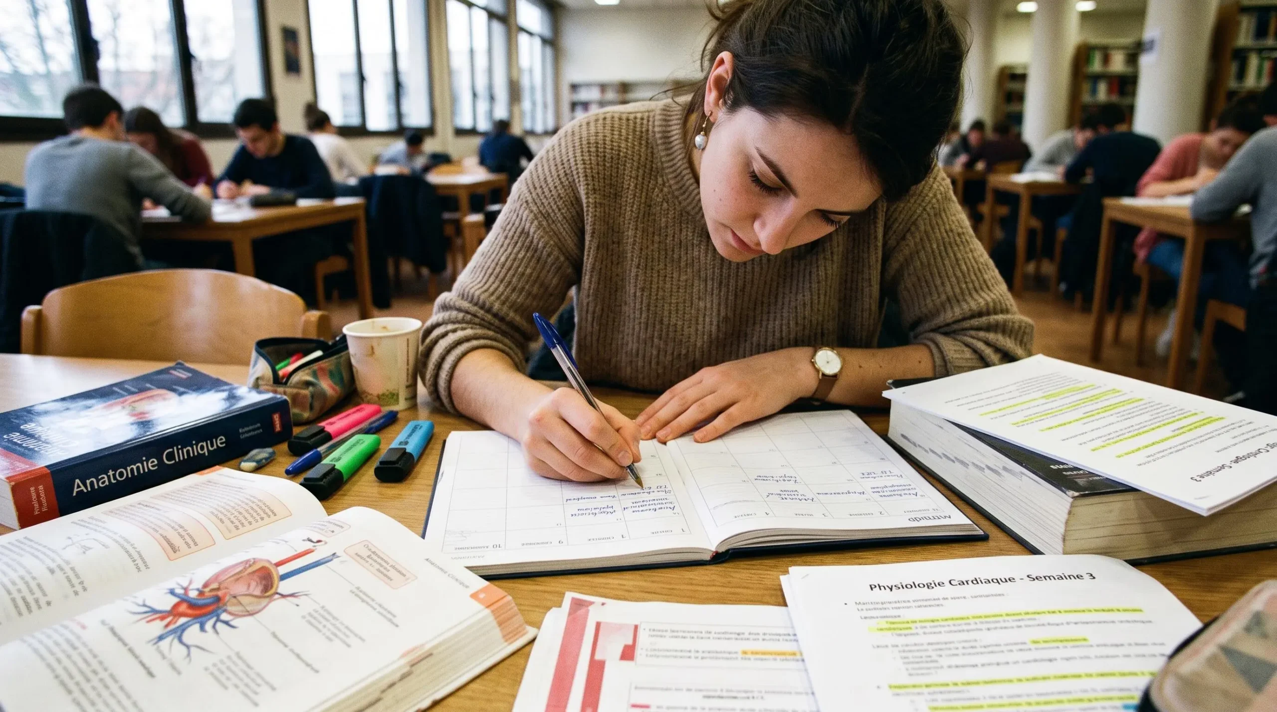 Étudiant LSPS organisant son planning hebdomadaire de révisions avec cours de médecine et agenda